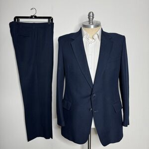 Comfort Action Flex Suit Mens Solid Blue Set Two Button 46L 38W